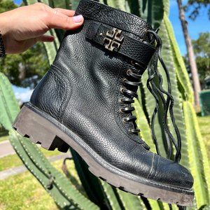 Tory Burch Cowhide Leather Combat Boots With Gold Details